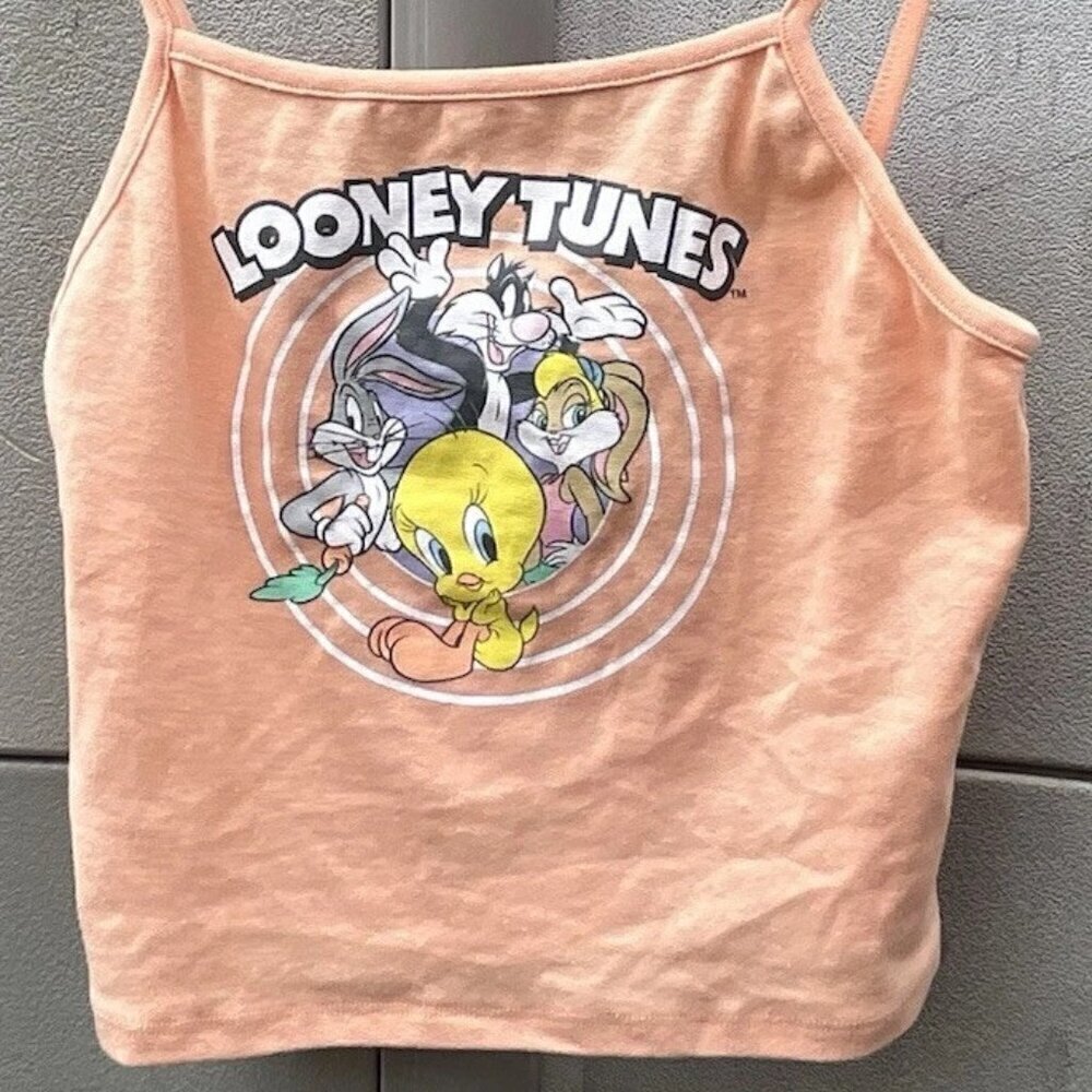 Vintage LOONEY TUNES Crop Tank womens Orange Print Characters Sz XL